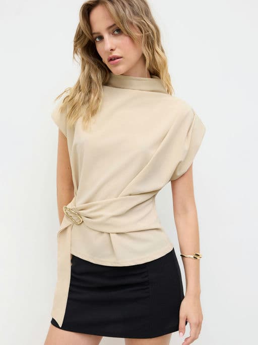 Stand Collar Belted Short Sleeve Top