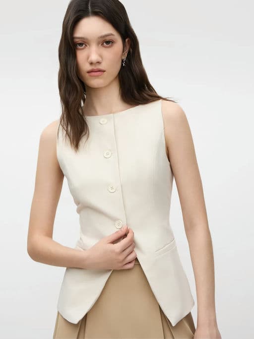 Woven Boat Neck Solid Button Vest